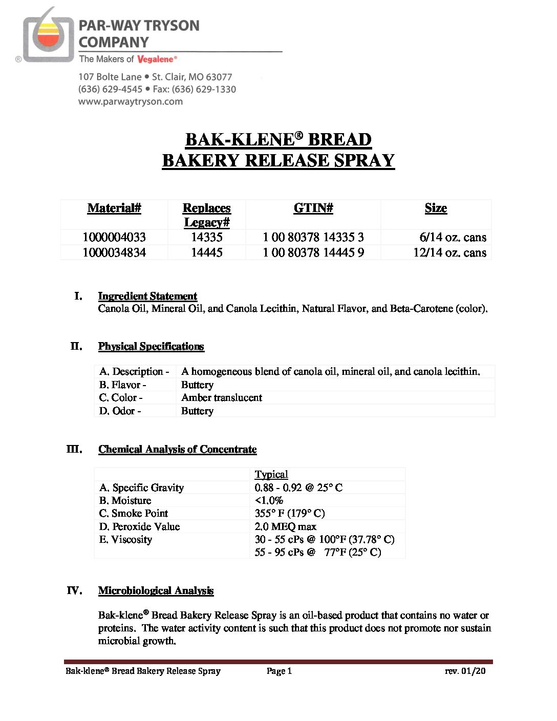 PDS – 1000004033 (14335) – 14 oz. Bak-klene Bread 6 pk. 2020