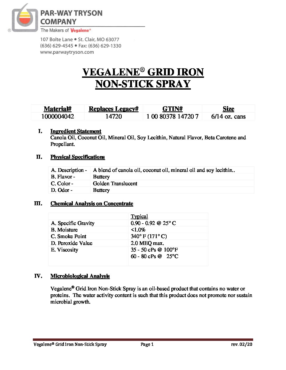 PDS – 1000004042 (14720) – Vegalene Grid Iron Non-Stick Spray 2020