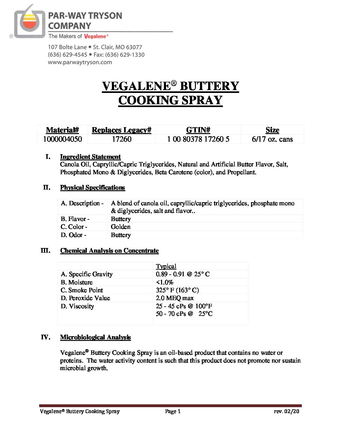 PDS – 1000004050 (17260) – Vegalene Buttery Cooking Spray 2020