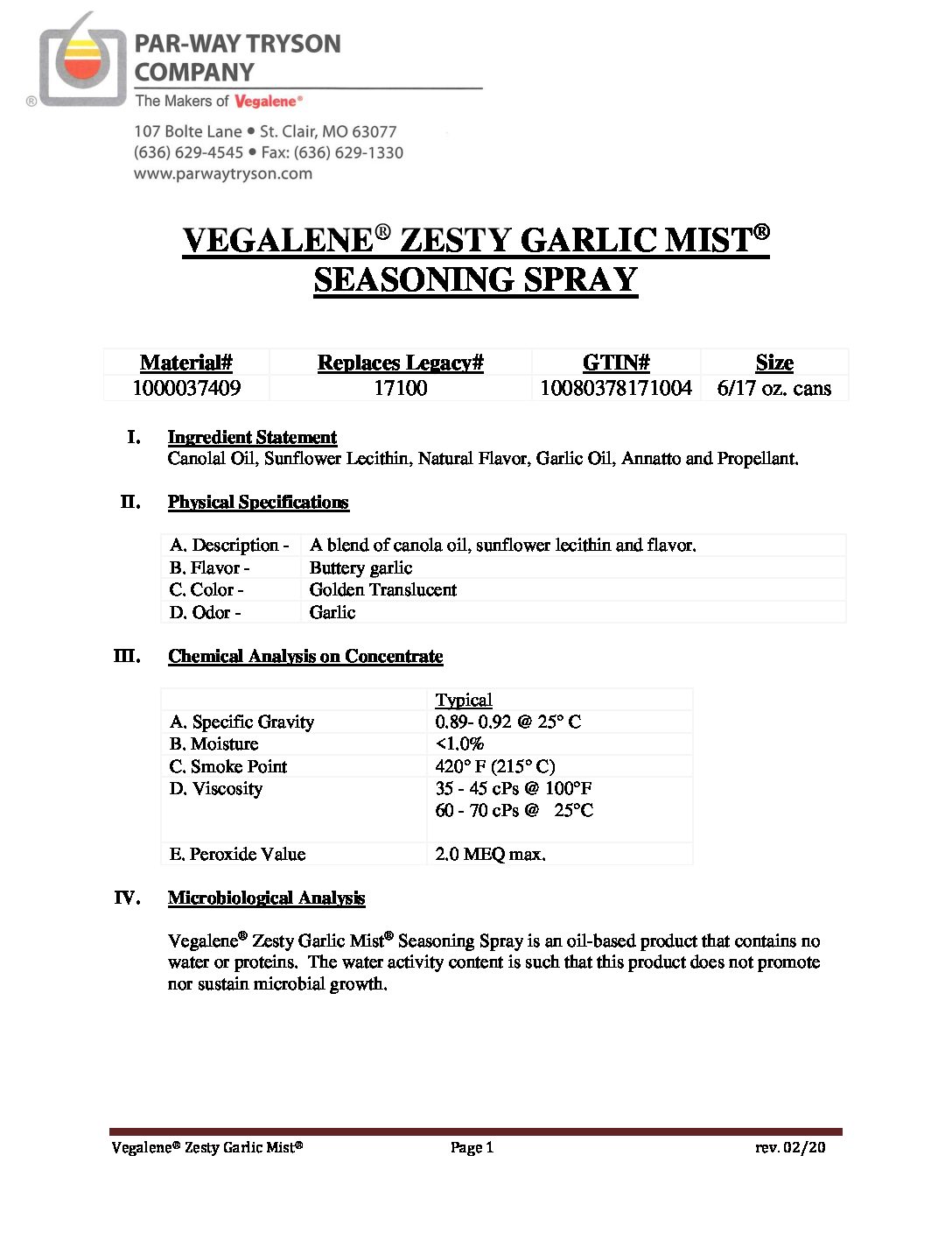 PDS – 1000037409 (17100) – Vegalene Zesty Garlic Mist 2020