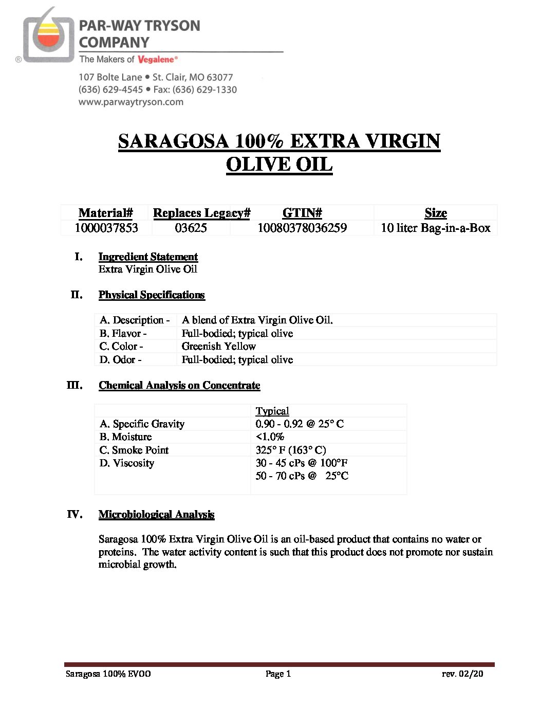 PDS – 1000037853 (03625) -Saragosa 100% Extra Virgin Olive Oil 2020