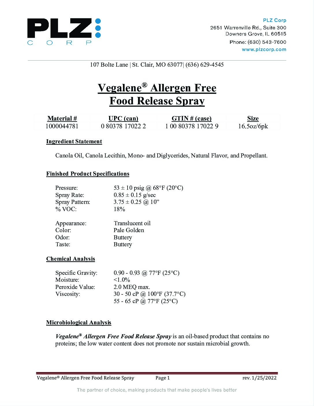 PDS – 1000044781 – Vegalene Allergen Free Food Release Spray 16.5oz