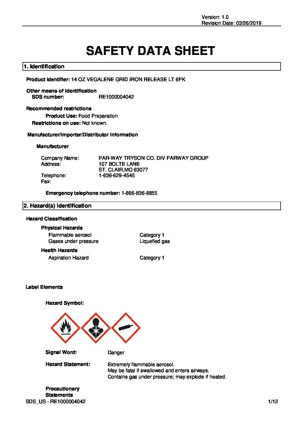 SDS – 1000004042 (14720) – Vegalene Grid Iron Non-Stick Spray 2020