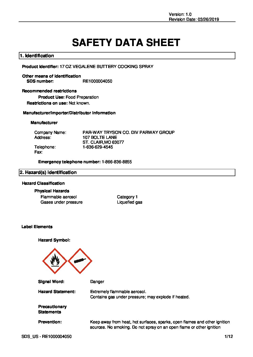 SDS – 1000004050 (17260) – Vegalene Buttery Cooking Spray 2019