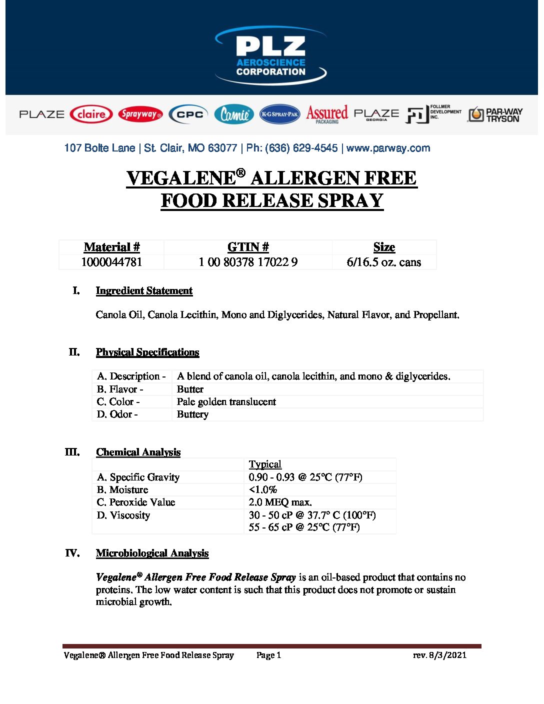 PDS – 1000044781 – Vegalene Allergen Free Food Release Spray